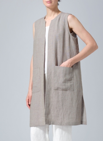 Two Tone Gray Green Linen Open Front Straight Long Vest Jacket