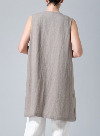 Two Tone Gray Green Linen Open Front Straight Long Vest Jacket