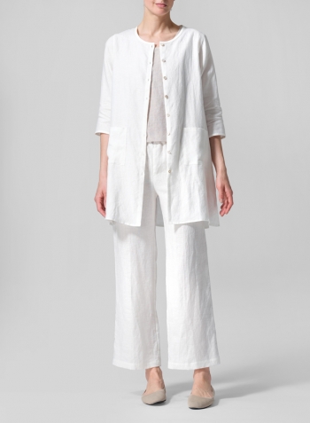 Lily White Linen Three-quarter Sleeve Button Front Top
