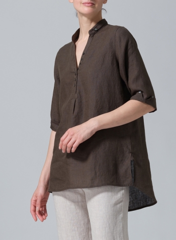 Dark Olive Brown Linen V-Neck Three-quarter Sleeves Shirt