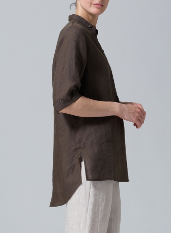 Dark Olive Brown Linen V-Neck Three-quarter Sleeves Shirt