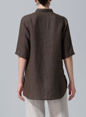 Dark Olive Brown Linen V-Neck Three-quarter Sleeves Shirt