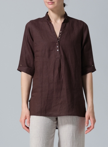 Brown Linen V-Neck Three-quarter Sleeves Shirt