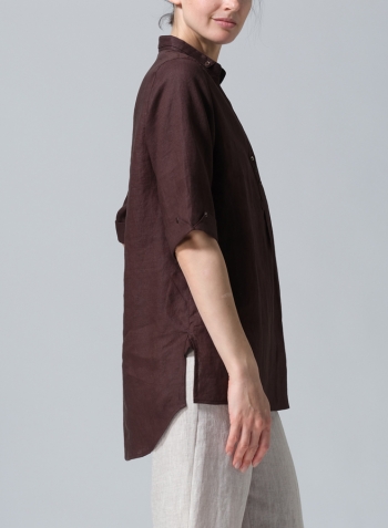 Brown Linen V-Neck Three-quarter Sleeves Shirt