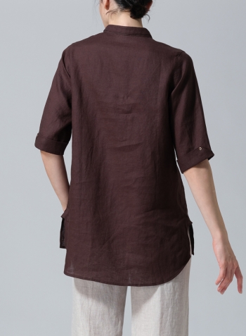 Brown Linen V-Neck Three-quarter Sleeves Shirt