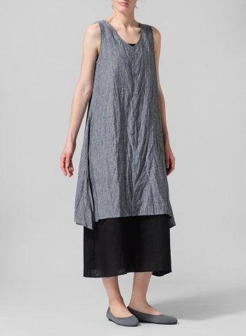 Two Tone Black Linen Sleeveless Crumple Effect Long Blouse