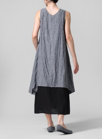 Two Tone Black Linen Sleeveless Crumple Effect Long Blouse