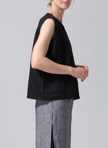 Black Linen A-Line French Sleeve Blouse