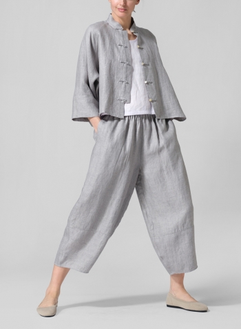 Two Tone Purple Gray Pure Linen Suit Jacket Set