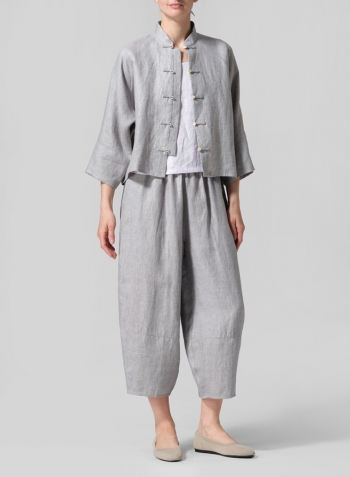 Two Tone Purple Gray Pure Linen Suit Jacket Set