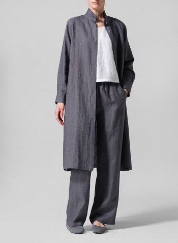 Charcoal Gray Linen High Stand Collar Long Shirt