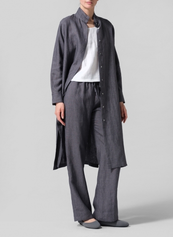 Charcoal Gray Linen High Stand Collar Long Shirt