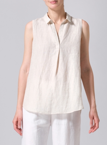 Oat Linen Sleeveless Collar Shirt Top