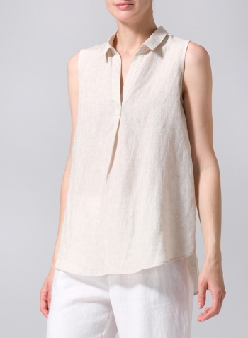 Oat Linen Sleeveless Collar Shirt Top