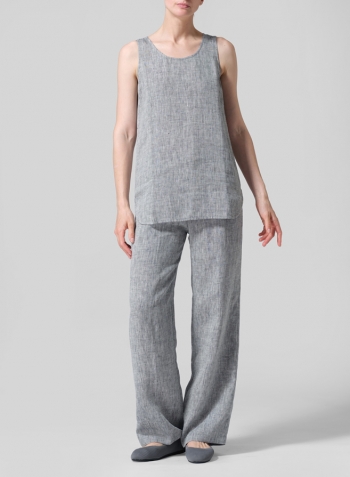 Two Tone Light Navy Gray Linen Sleeveless Long Shell Tank