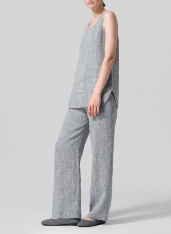 Two Tone Light Navy Gray Linen Sleeveless Long Shell Tank