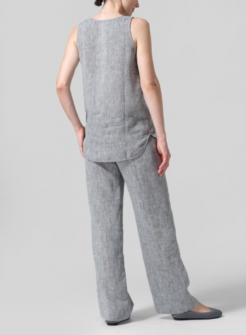 Two Tone Light Navy Gray Linen Sleeveless Long Shell Tank