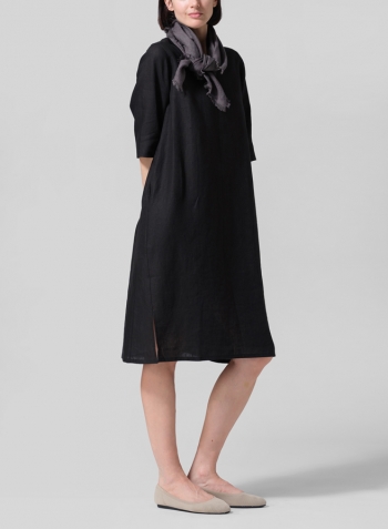 Black Linen Half Sleeve Dress with Scarf