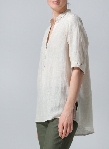 Oat Linen V-Neck Three-quarter Sleeves Shirt