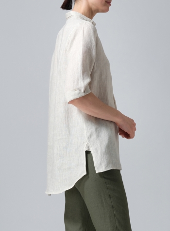 Oat Linen V-Neck Three-quarter Sleeves Shirt