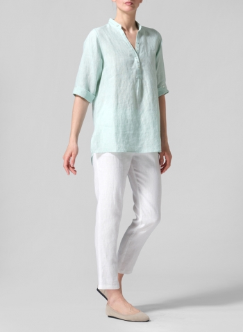 Soft Light Green Linen V-Neck Three-quarter Sleeves Shirt