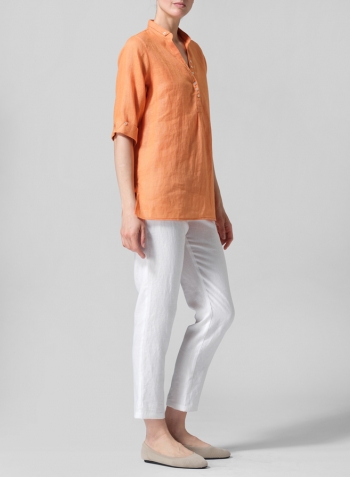 Orange Linen V-Neck Three-quarter Sleeves Shirt