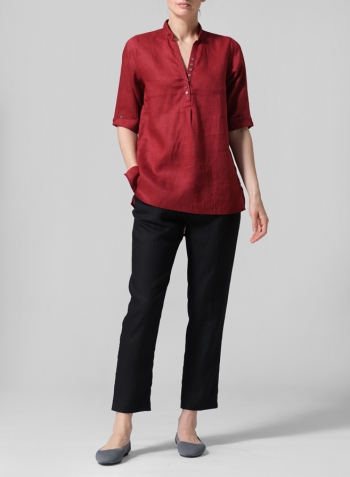 Dull Red Linen V-Neck Three-quarter Sleeves Shirt