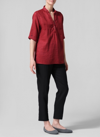 Dull Red Linen V-Neck Three-quarter Sleeves Shirt