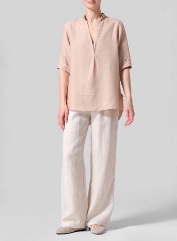Beige Linen V-Neck Three-quarter Sleeves Shirt Set