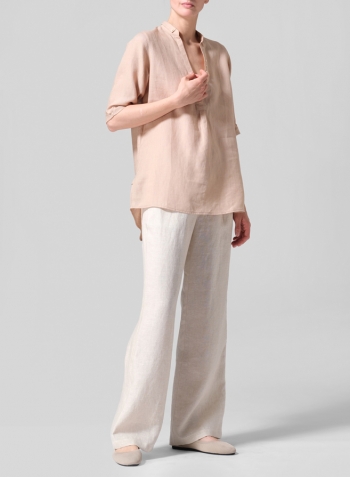 Beige Linen V-Neck Three-quarter Sleeves Shirt Set