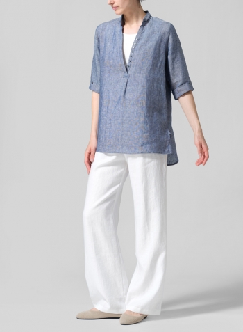 Two Tone Denim Linen V-Neck Three-quarter Sleeves Shirt Set