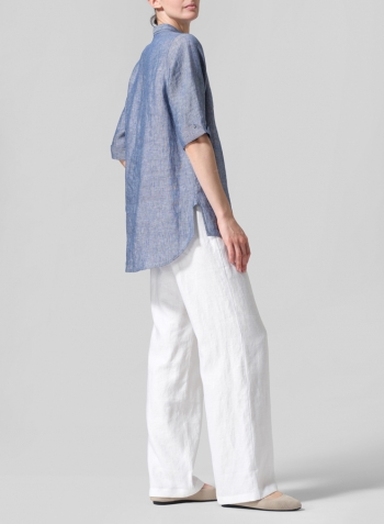 Two Tone Denim Linen V-Neck Three-quarter Sleeves Shirt Set
