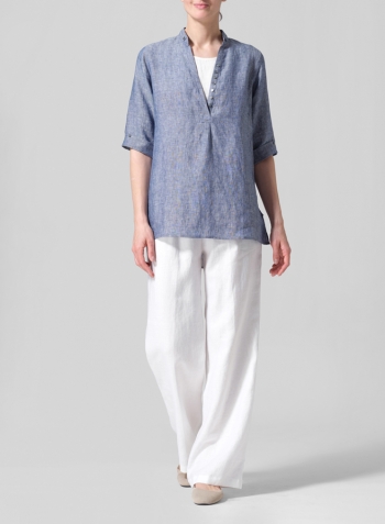 Two Tone Denim Linen V-Neck Three-quarter Sleeves Shirt Set