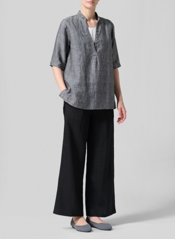 Two Tone Black Linen V-Neck Three-quarter Sleeves Shirt Set