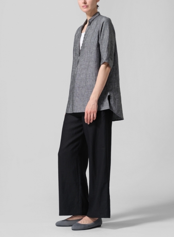 Two Tone Black Linen V-Neck Three-quarter Sleeves Shirt Set
