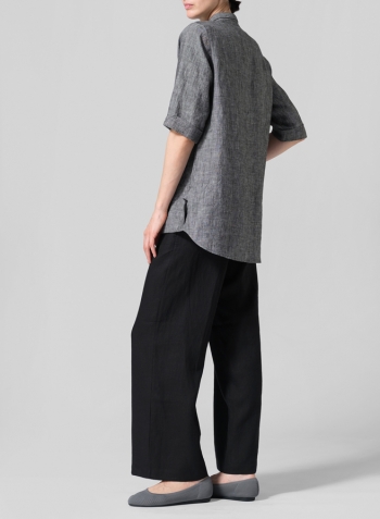 Two Tone Black Linen V-Neck Three-quarter Sleeves Shirt Set