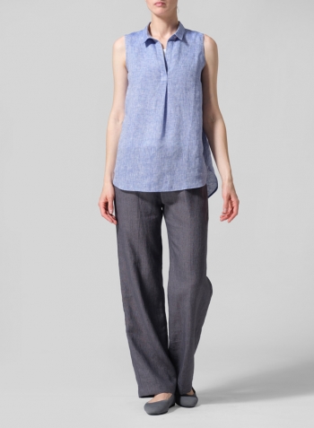 Blue Linen Sleeveless Collar Shirt Top