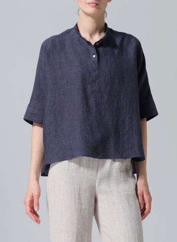 Denim Linen Mandarin Collar Boxy Shirt