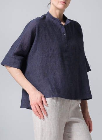 Denim Linen Mandarin Collar Boxy Shirt