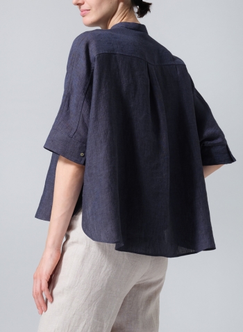 Denim Linen Mandarin Collar Boxy Shirt