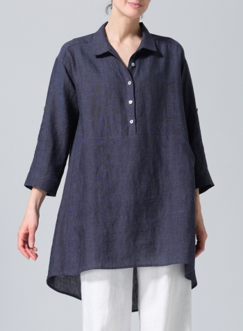 Dark Denim Linen Classic Collar A Shape Tunic