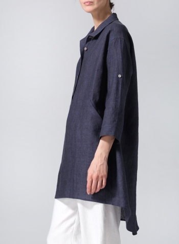Dark Denim Linen Classic Collar A Shape Tunic