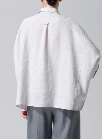 Two Tone Light Gray Linen Raglan Sleeves Loose Woman Shirt