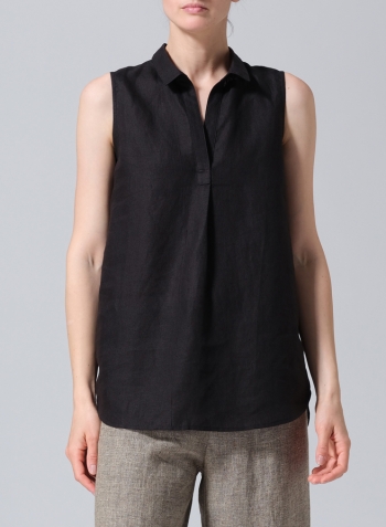 Black Linen Sleeveless Collar Shirt Top