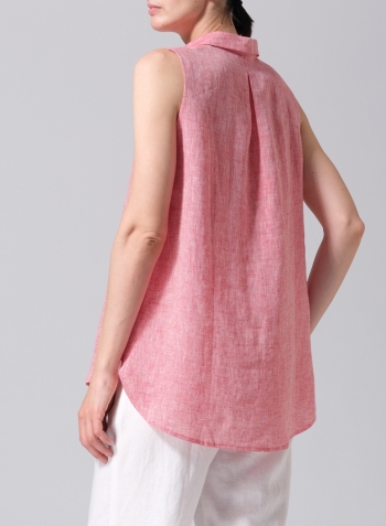 Two Tone Red Linen Sleeveless Collar Shirt Top