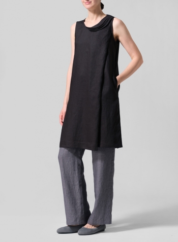 Black Linen Pleated A-Line Dress Set