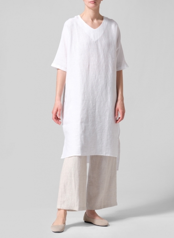 White Linen Drawstring Half Sleeve Tunic Dress