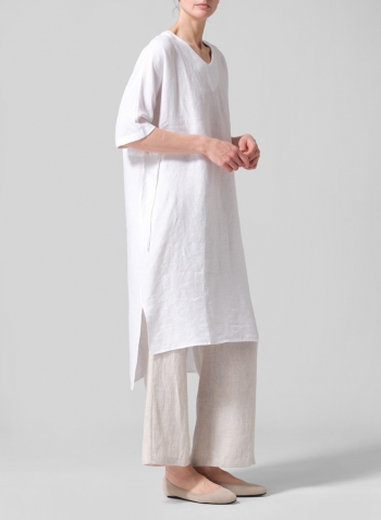 White Linen Drawstring Half Sleeve Tunic Dress