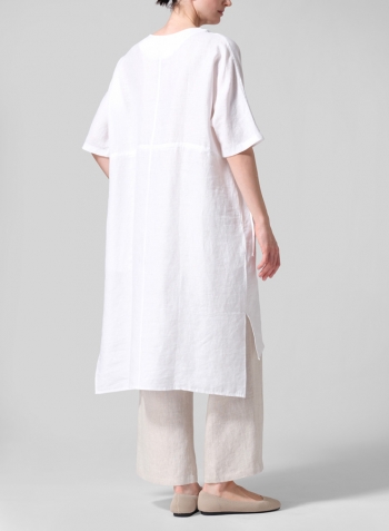 White Linen Drawstring Half Sleeve Tunic Dress