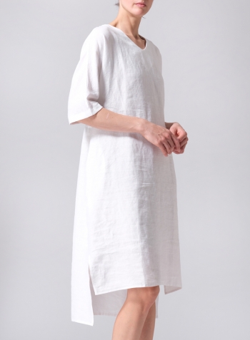 White Linen Drawstring Half Sleeve Tunic Dress